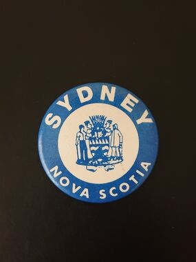 Vintage 2" Round Pin Button - Sydney, Nova Scotia - Blue White Crest
